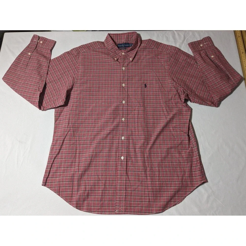 VTG POLO RALPH LAUREN CLASSIC FIT Men XL (17‎ 1/2) Red Plaid Cotton Shirt EUC